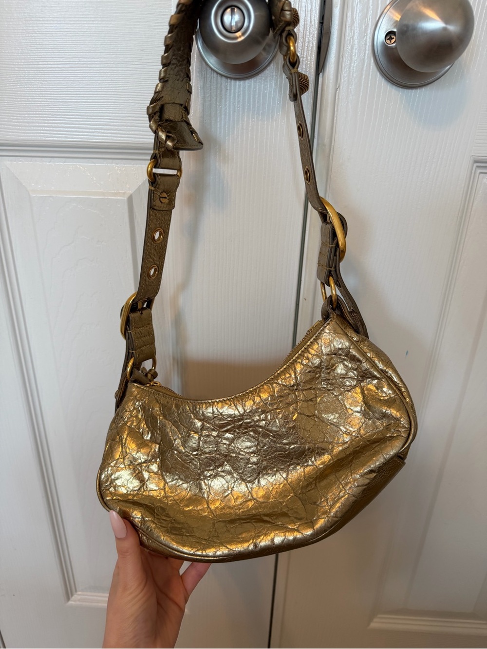 Balenciaga Metallic Gold Crescent Shoulder Bag with Mirror Tag - Picture 4 of 5
